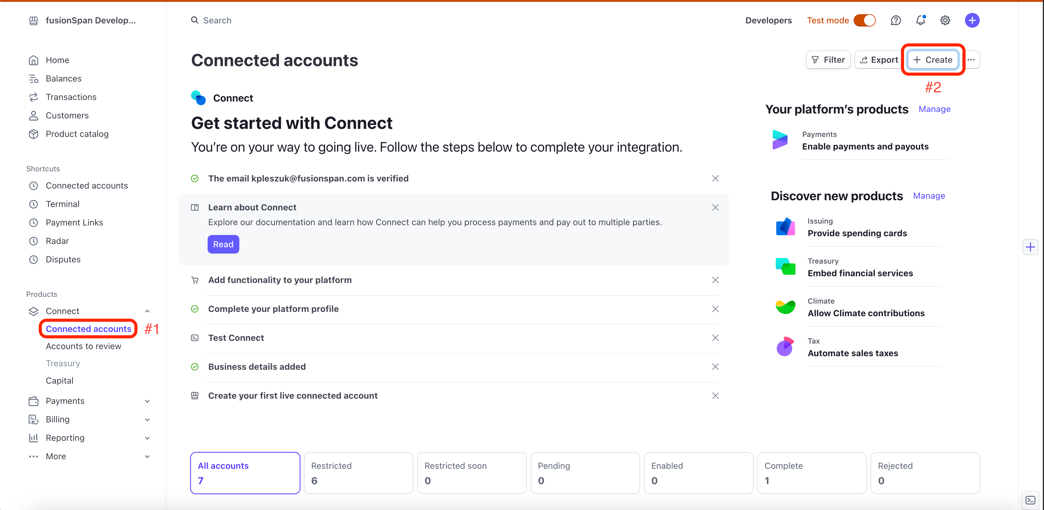 Stripe Connected Accounts page with the Create button