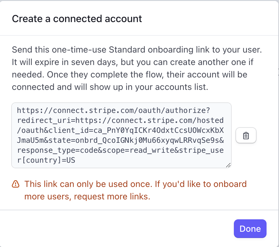 Stripe connected account onboarding link with the copy-to-clipboard icon
