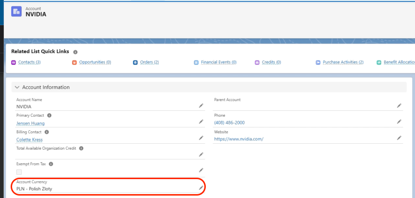Account record showing the Account Currency field being set