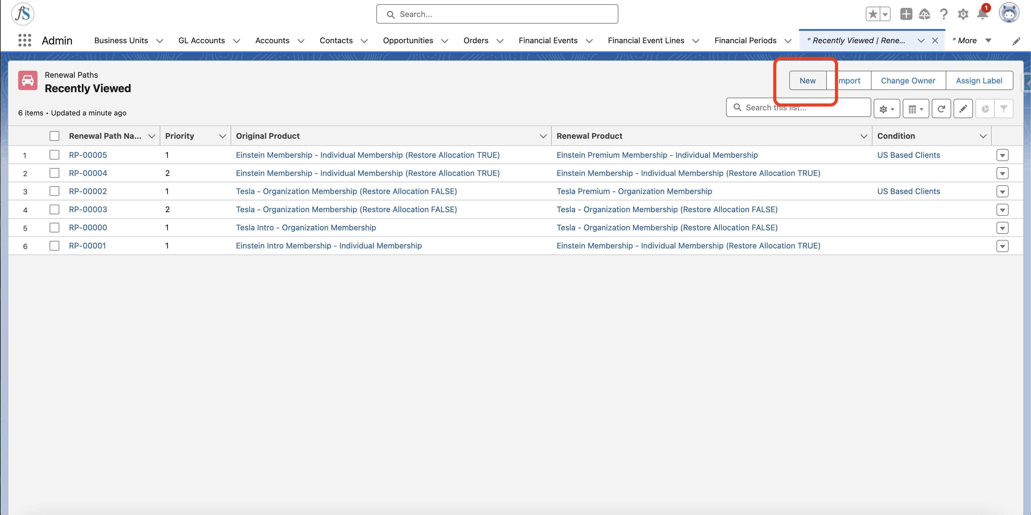 The New button on the Renewal Paths list view