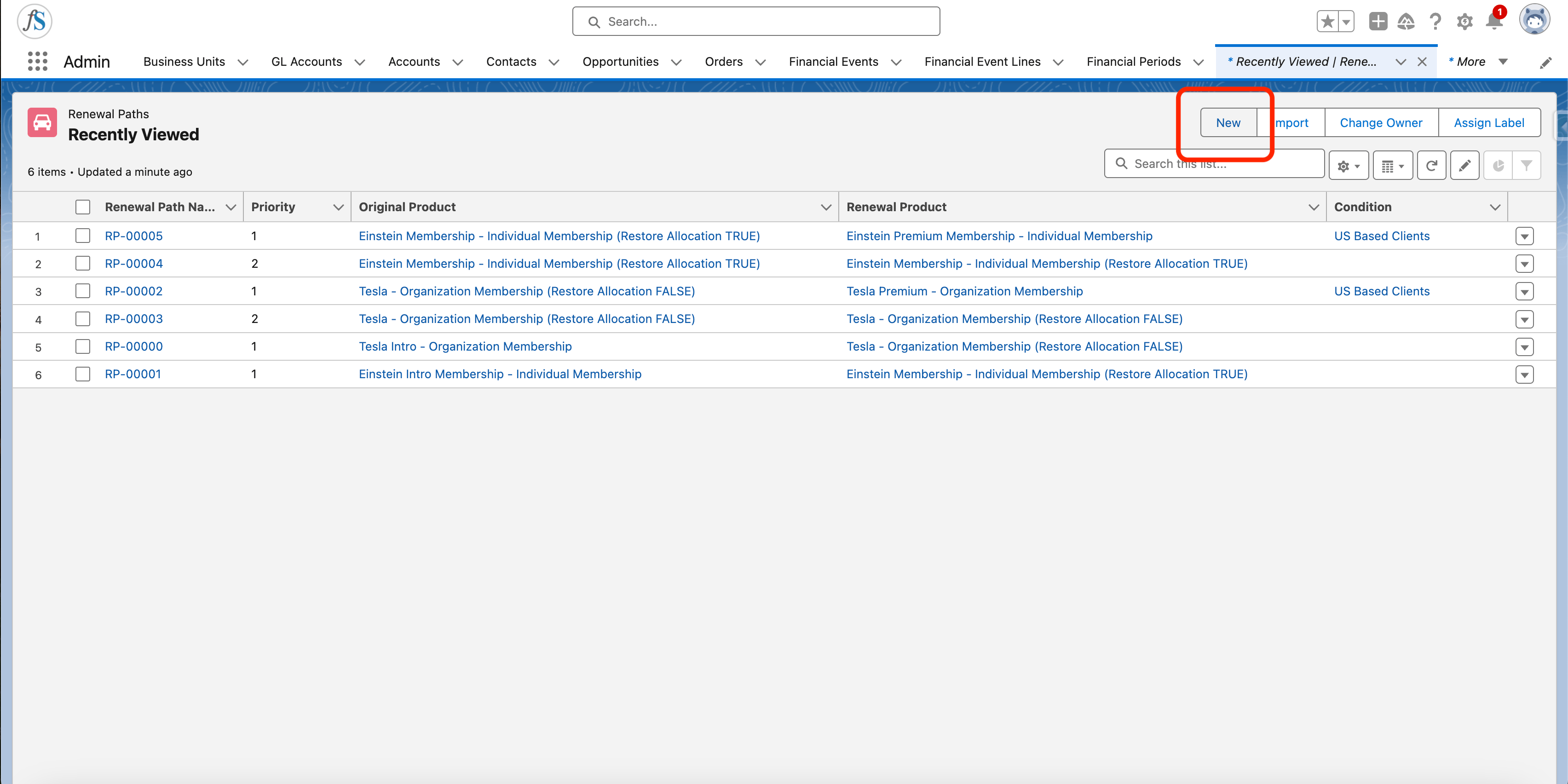 The New button on the Renewal Paths list view