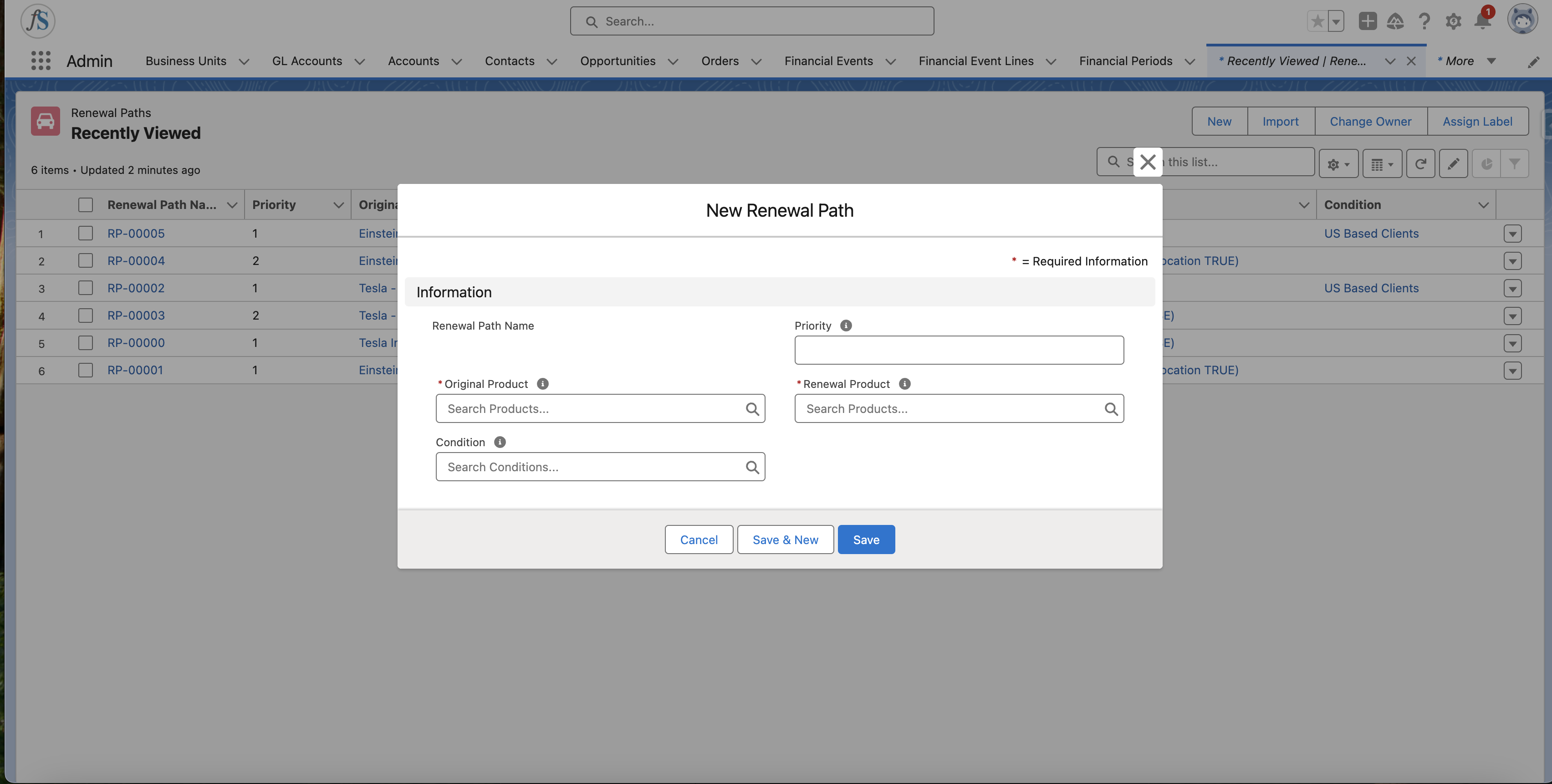The New Renewal Path form with Original Product, Renewal Product, Priority, and Condition