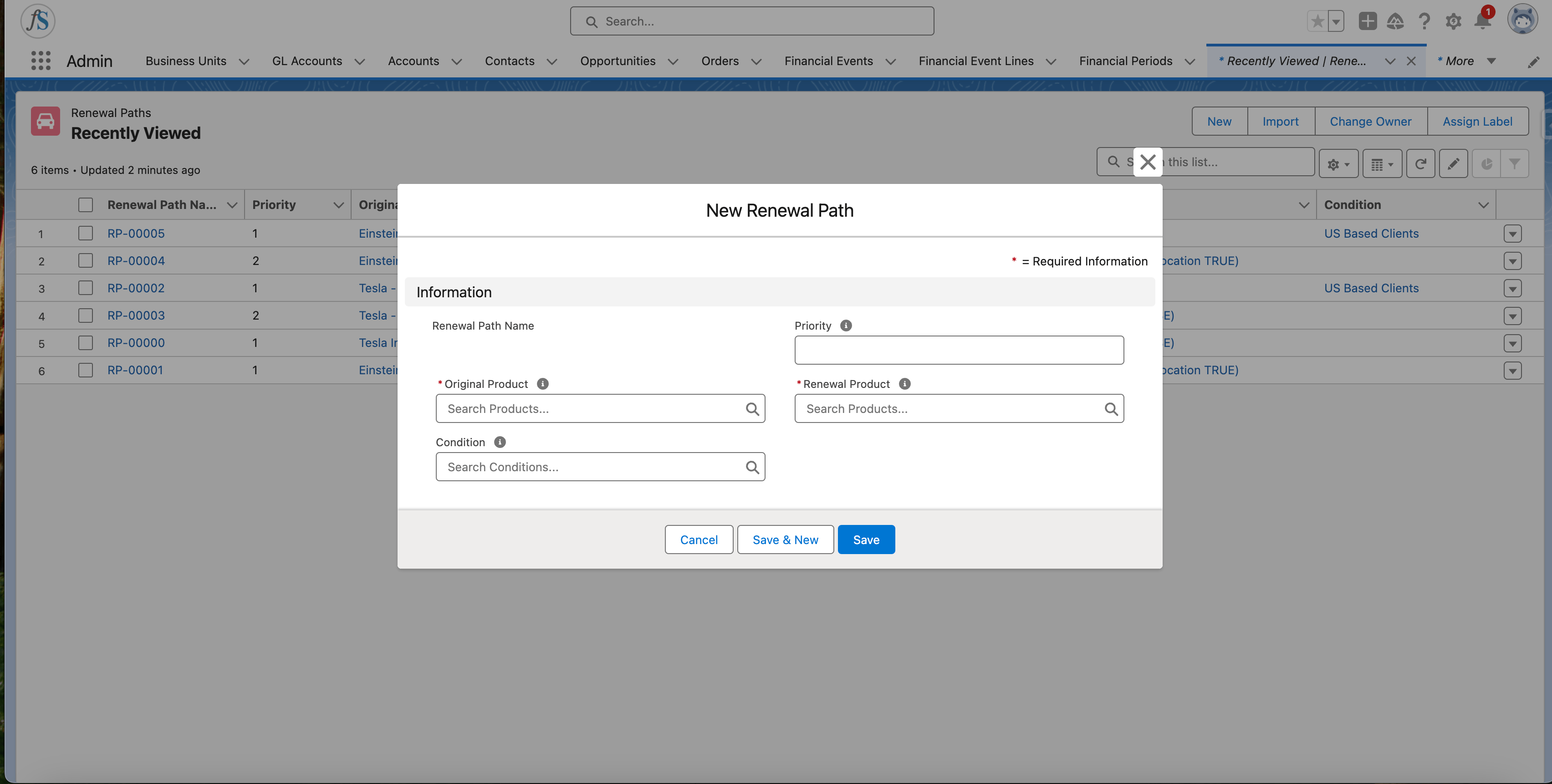 The New Renewal Path form with Original Product, Renewal Product, Priority, and Condition