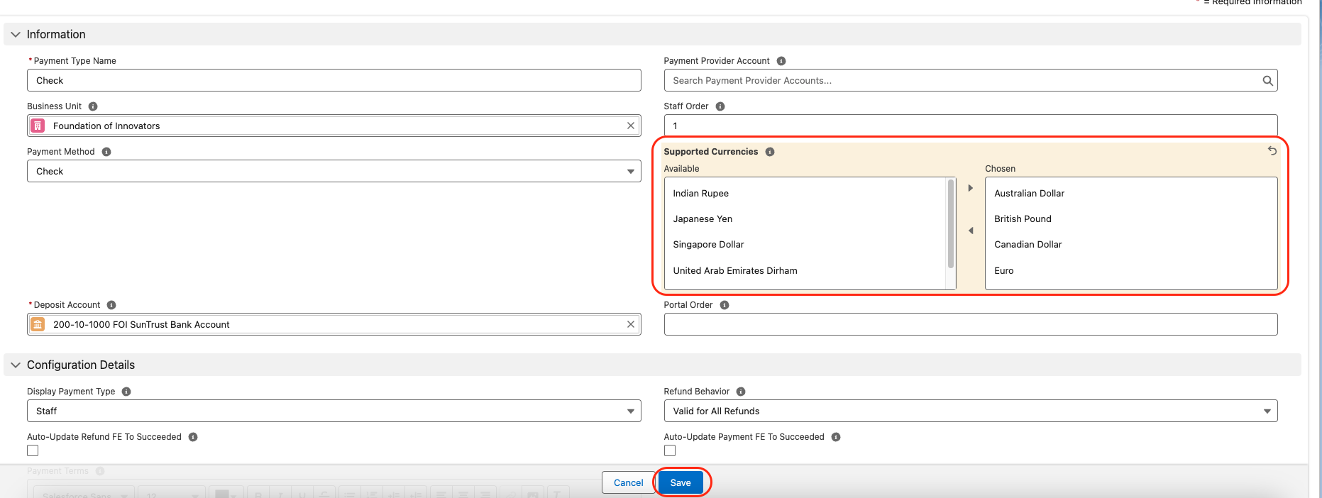 Supported Currencies multi-select field on a Payment Type record