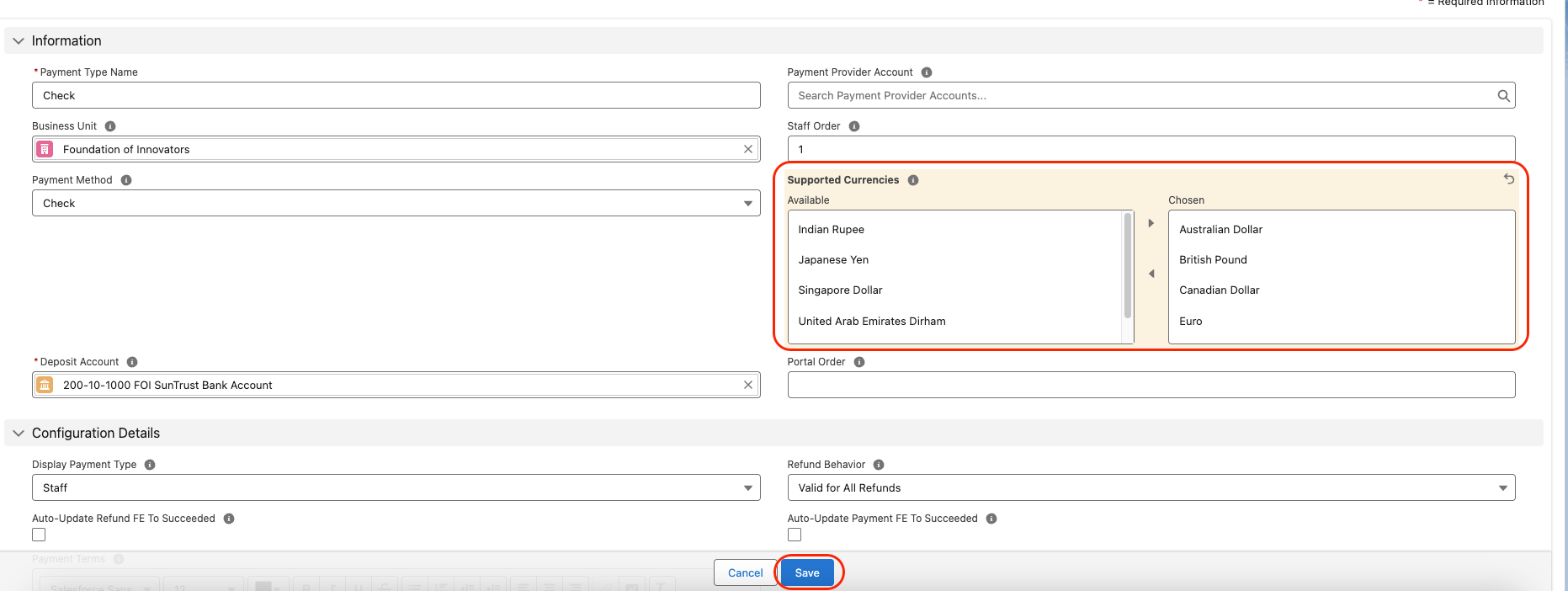 Supported Currencies multi-select field on a Payment Type record