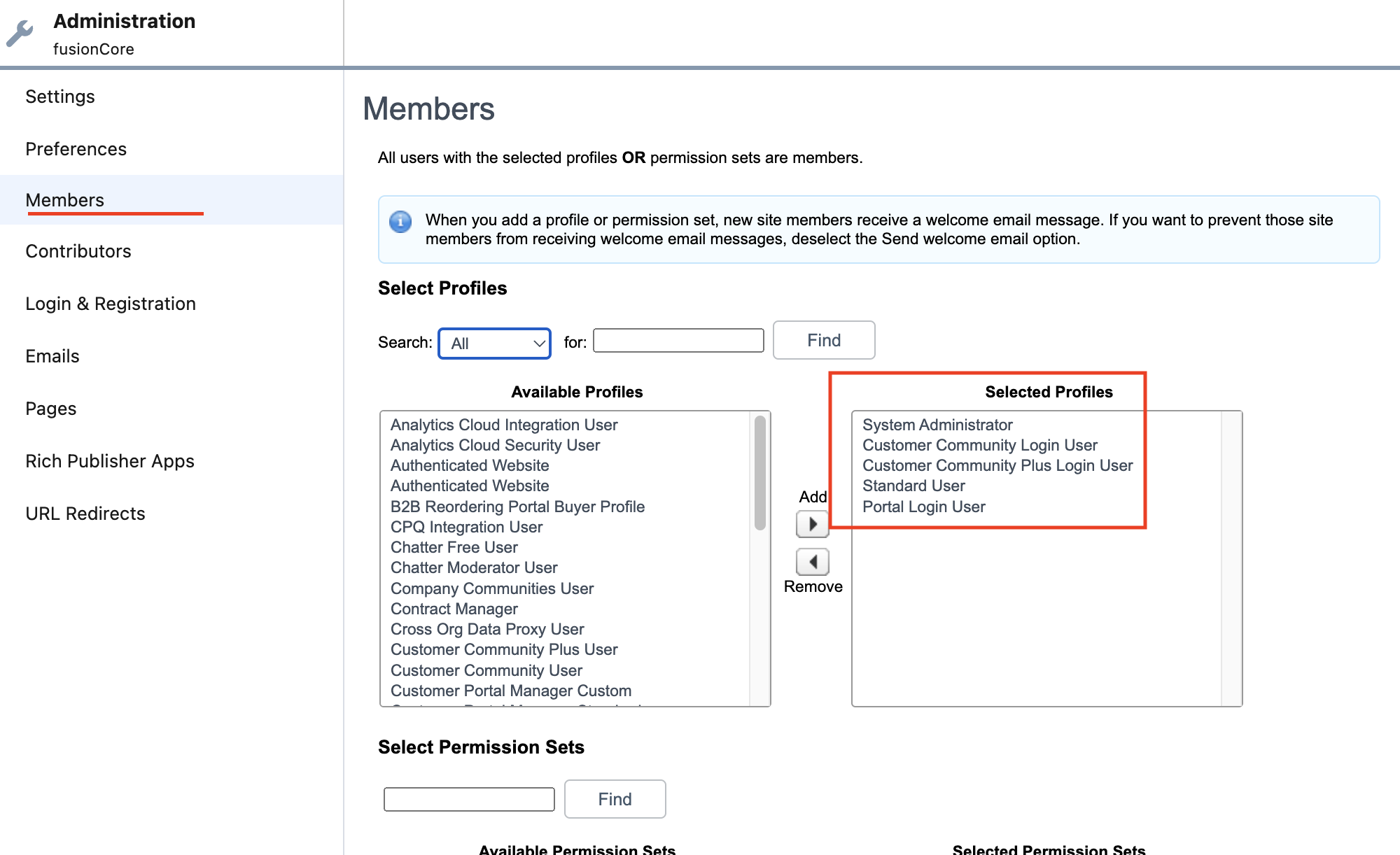 The site Members administration page with profiles added