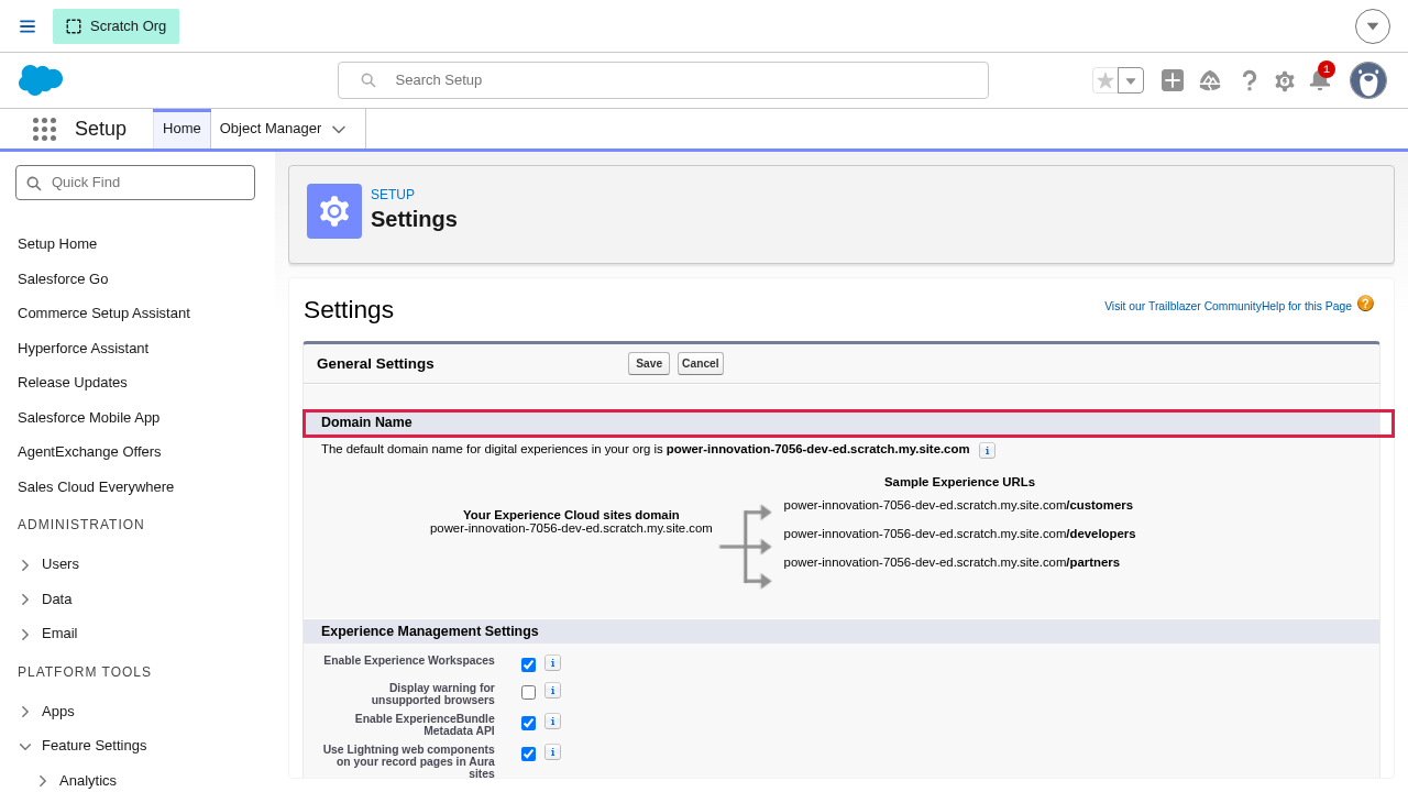 The Digital Experiences Settings page in Setup, showing the Domain Name and Experience Management Settings sections once Digital Experiences is enabled