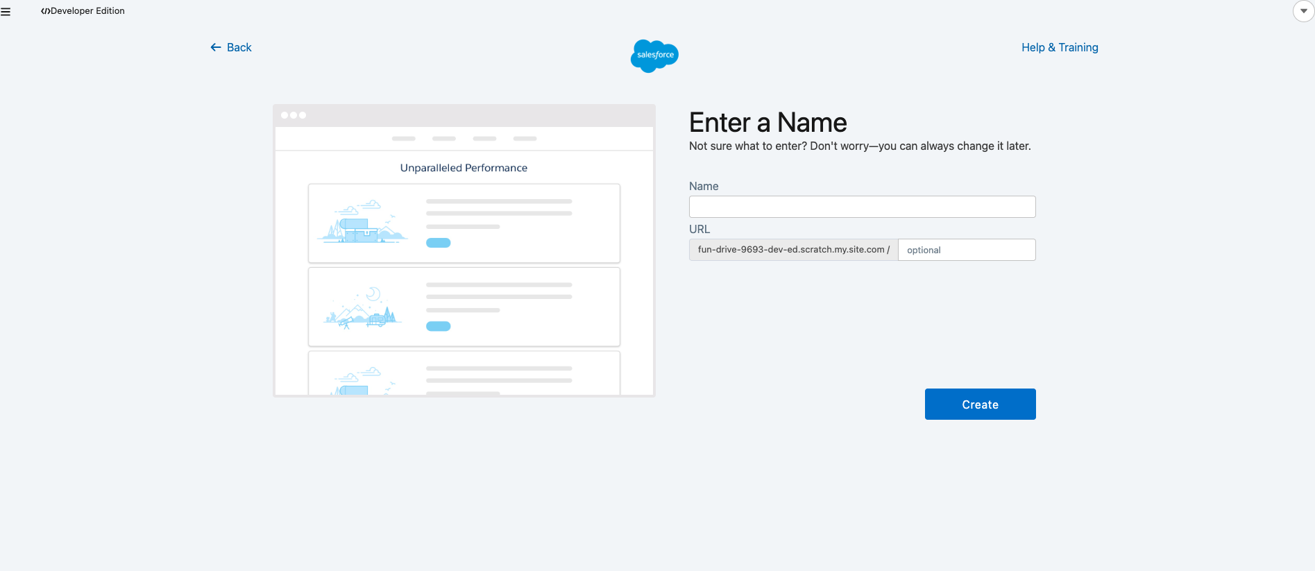 The Experience Cloud site creation dialog with name, URL, and description fields