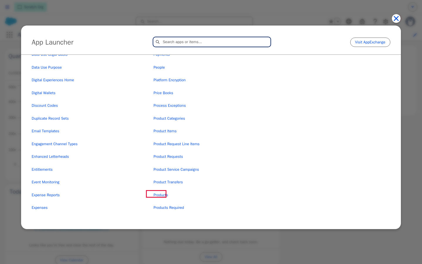 App Launcher with the Products item highlighted