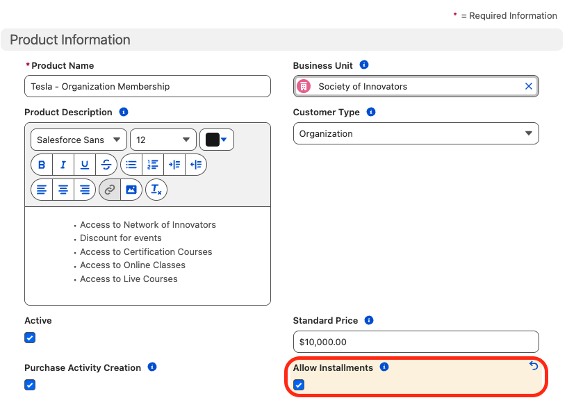 Allow Installments checkbox on a Product record