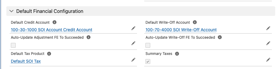 Default Financial Configuration section of a Business Unit showing the auto-update write-off and adjustment checkboxes.