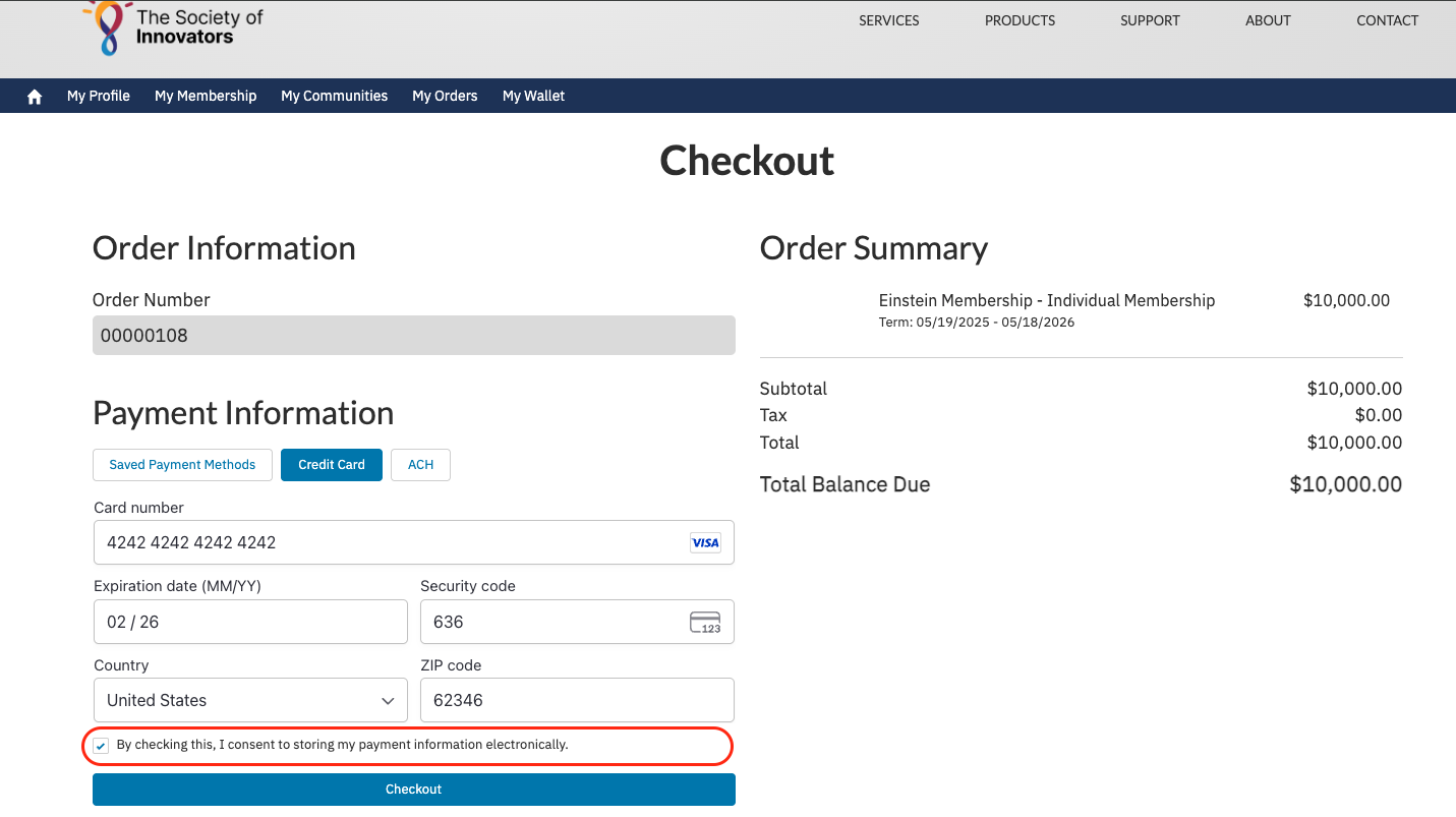 The Portal checkout payment form with the save-payment checkbox selected