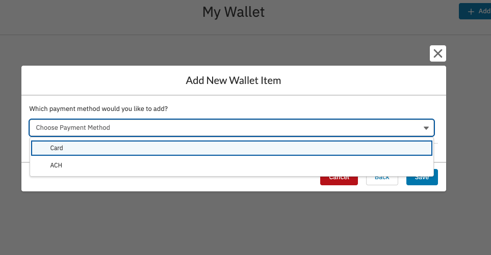 The payment method selection step on the My Wallet page