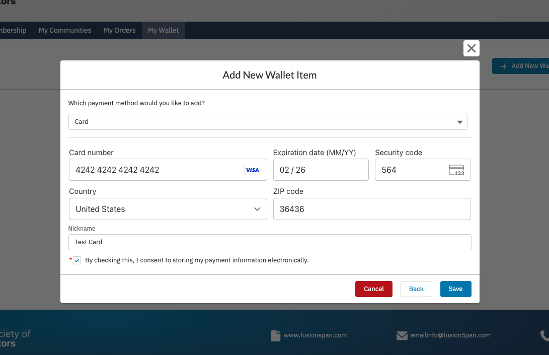 The payment detail form with the save checkbox selected
