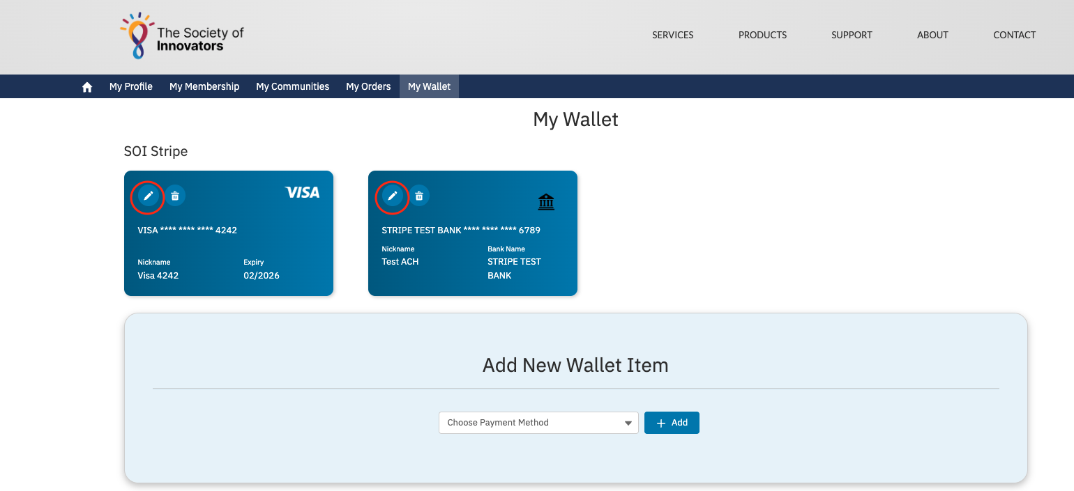 The My Wallet view with the pencil edit icon on a Wallet Item