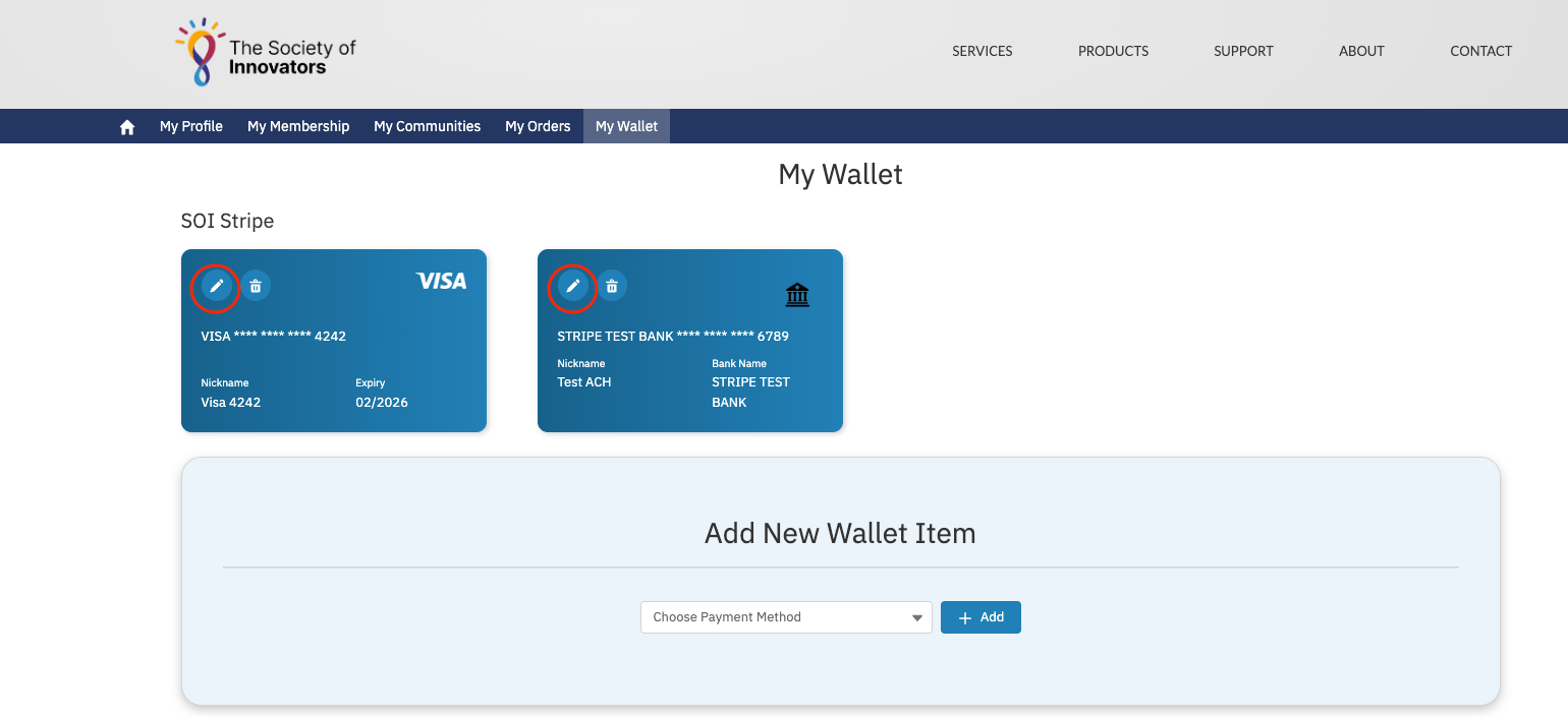 The My Wallet view with the pencil edit icon on a Wallet Item