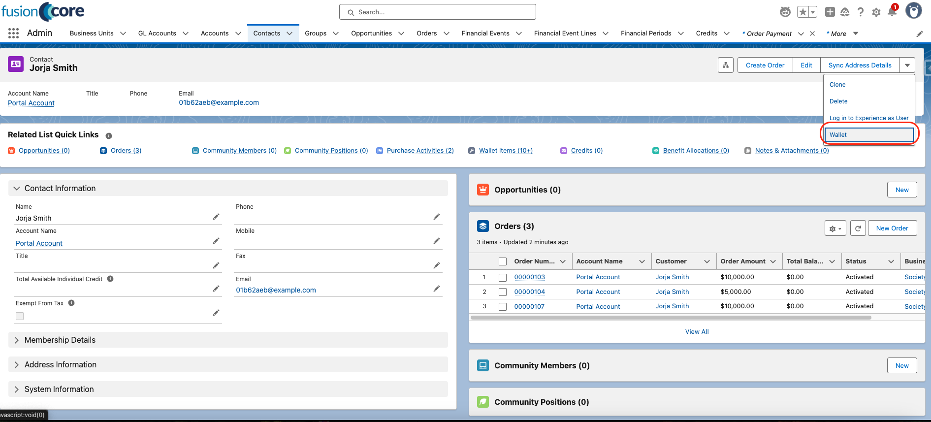 A Contact record with the Wallet action highlighted