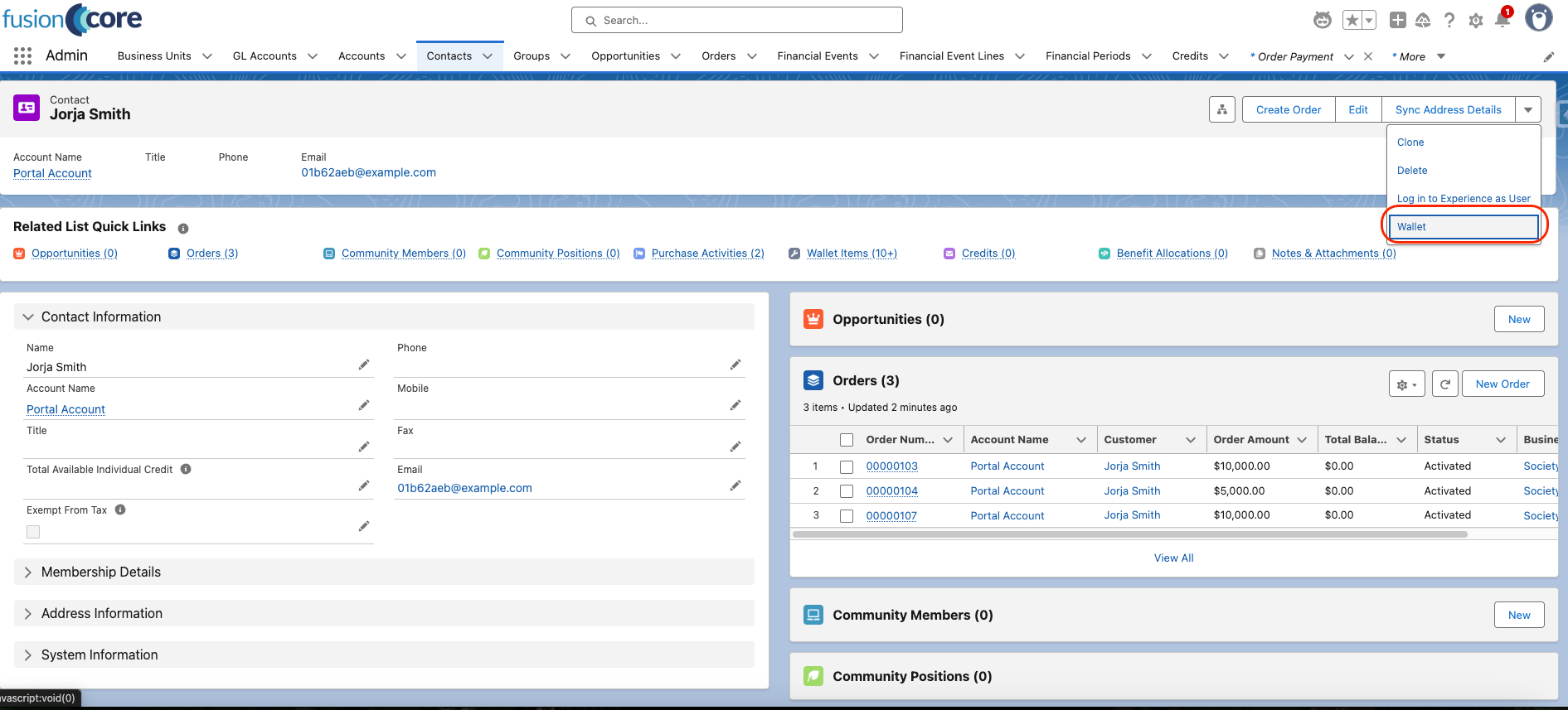 A Contact record with the Wallet action highlighted