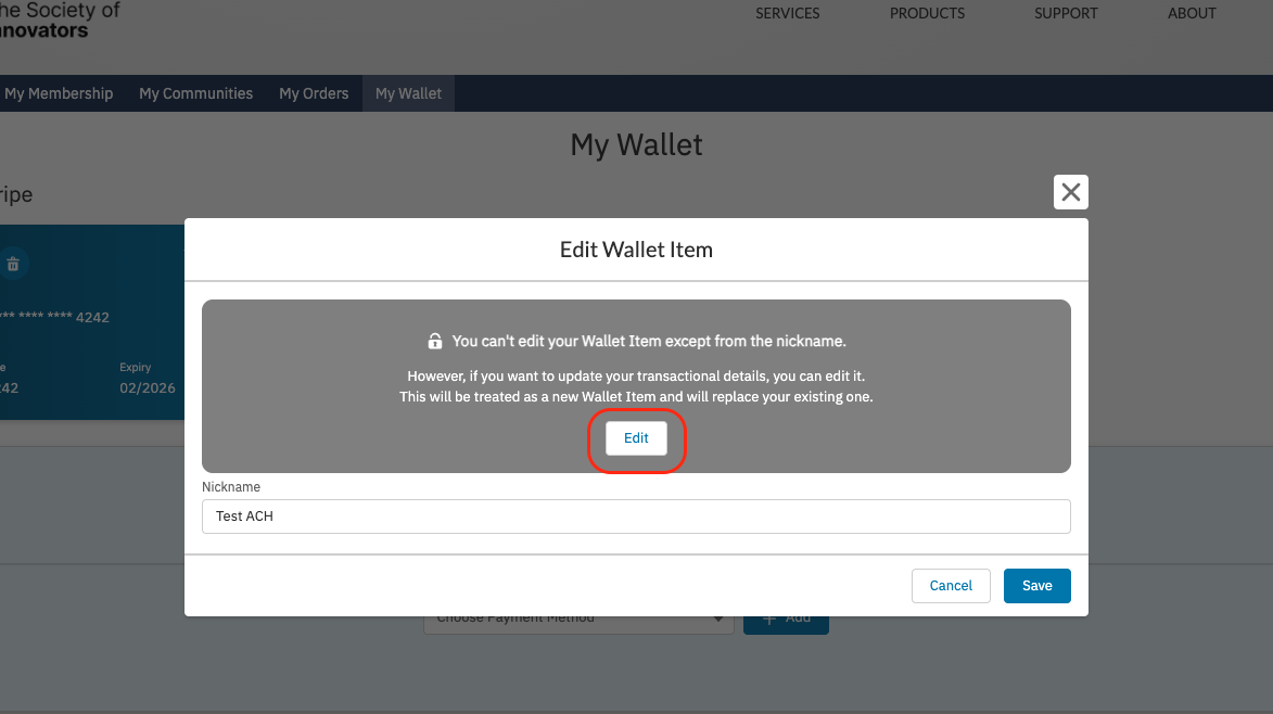Editing the nickname of a Wallet Item in the Portal