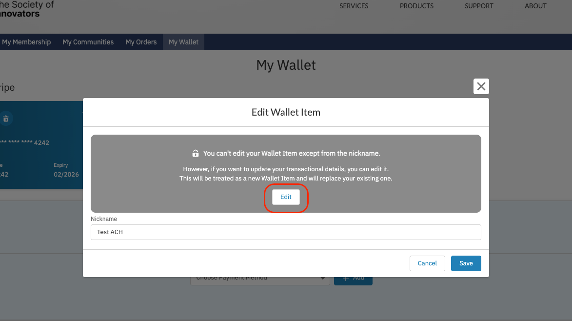 Editing the nickname of a Wallet Item in the Portal