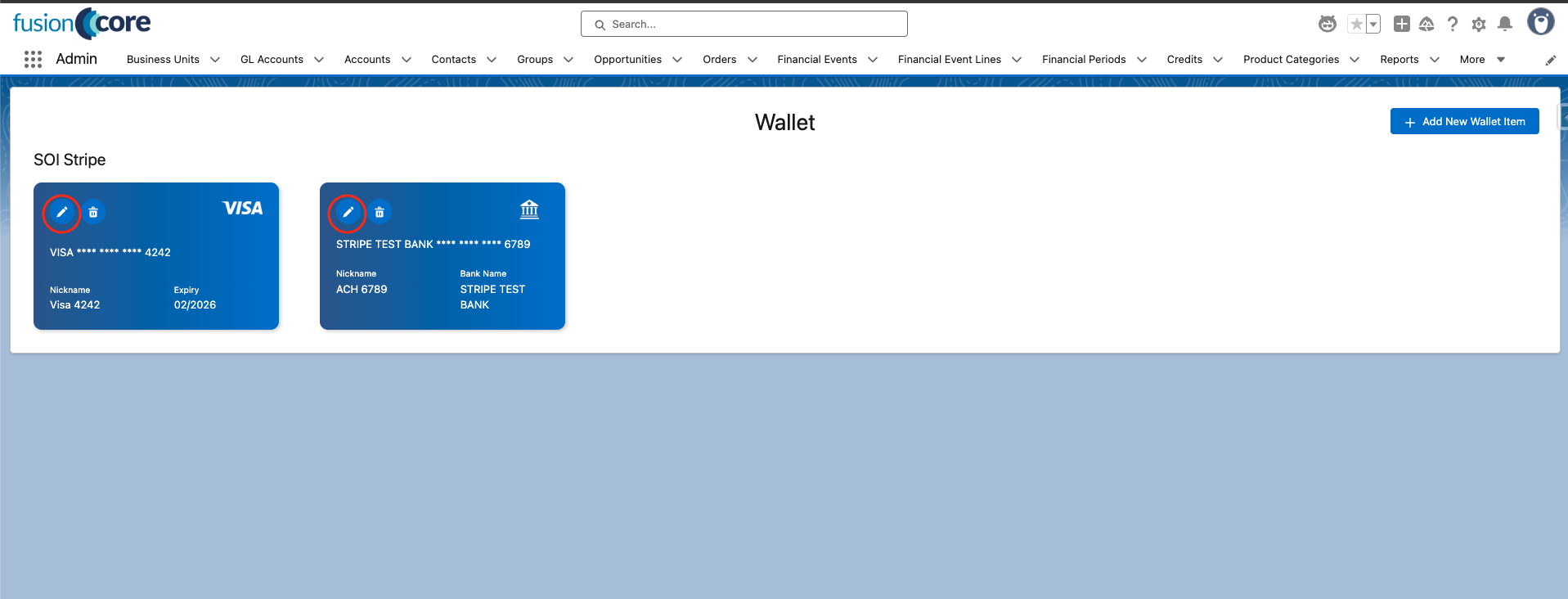 The wallet view with the pencil edit icon on a Wallet Item