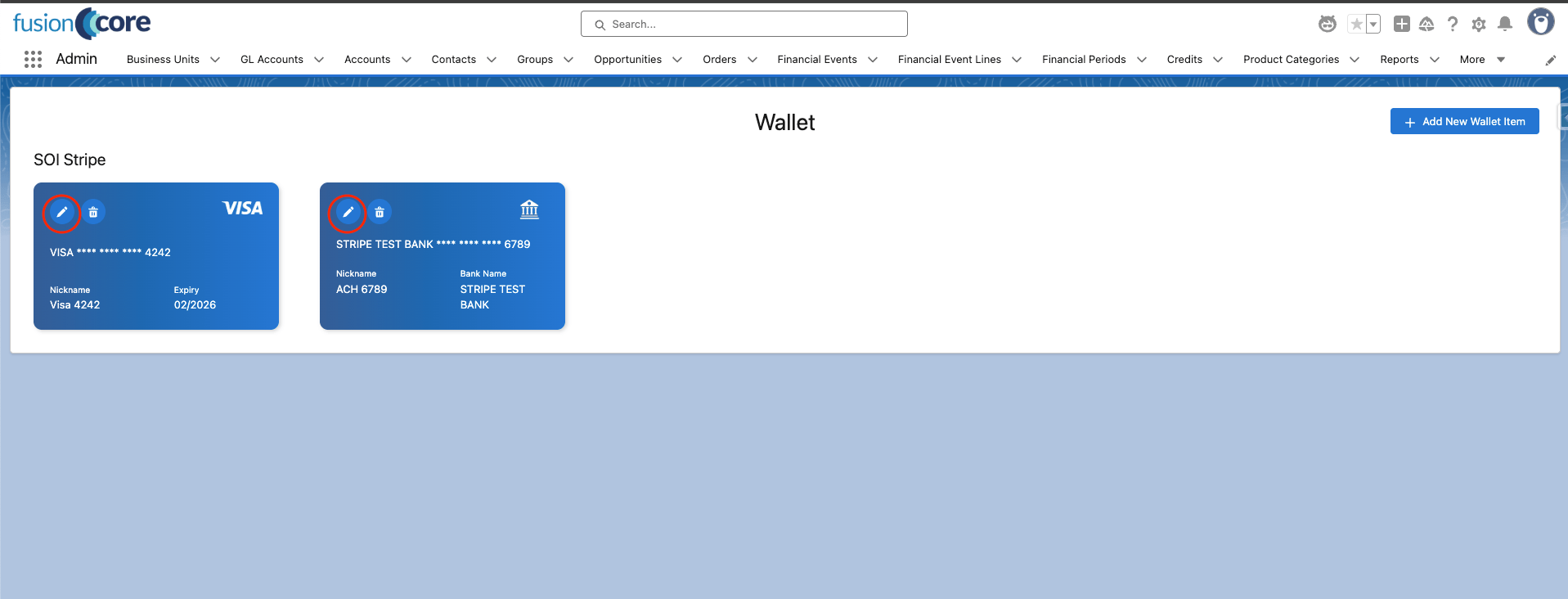 The wallet view with the pencil edit icon on a Wallet Item