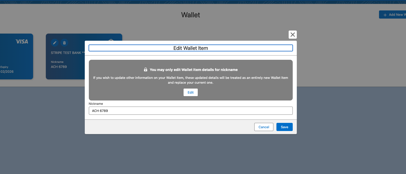 Editing the nickname of a Wallet Item