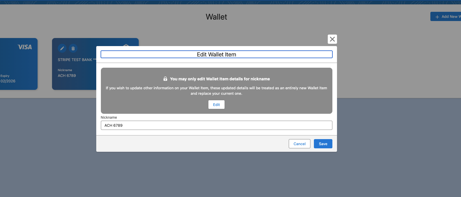 Editing the nickname of a Wallet Item