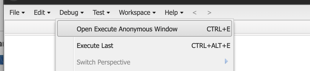 The Developer Console Debug menu with Open Execute Anonymous Window