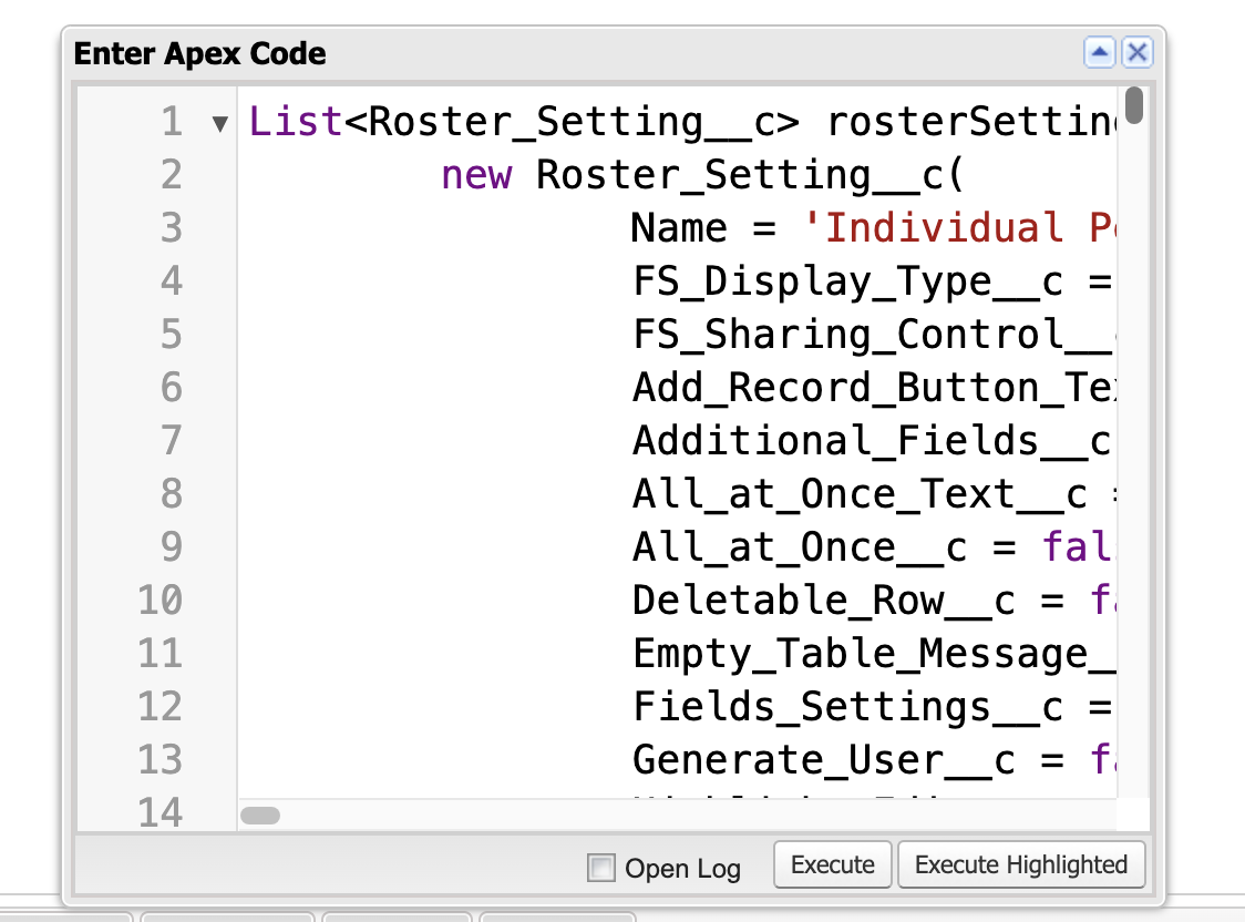 The Execute Anonymous window with a Roster Setting insert script