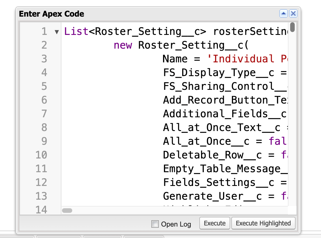 The Execute Anonymous window with a Roster Setting insert script