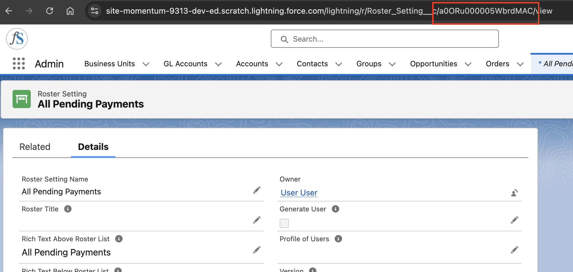 A Roster Setting record with its record ID in the URL