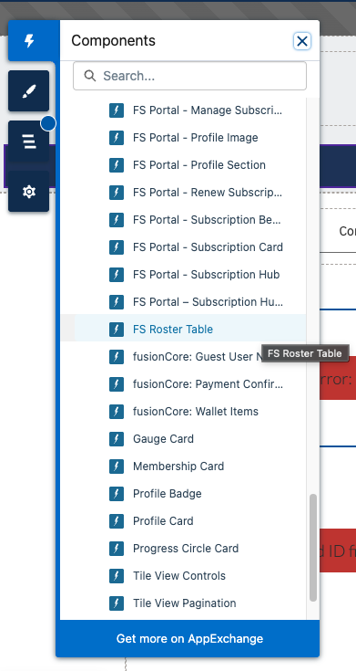 The Experience Builder Components panel with RosterManageComponent
