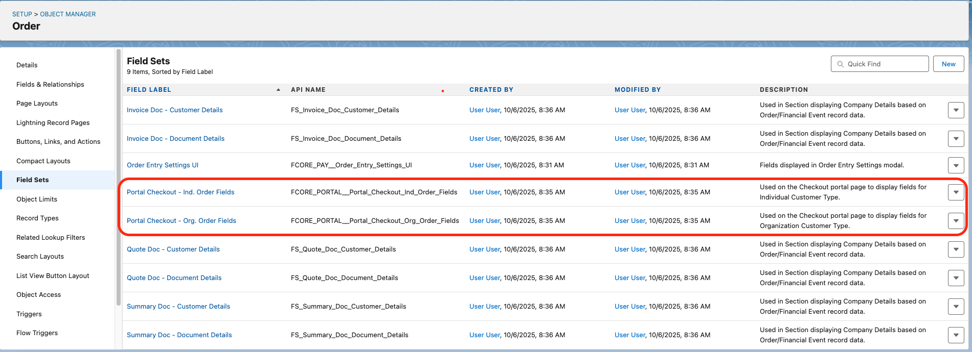 The field set editor on the Order object showing the checkout fields