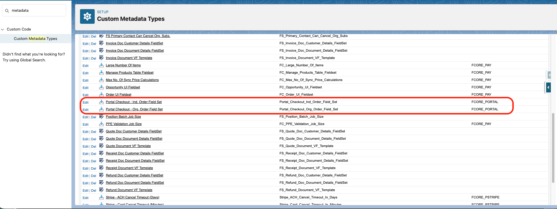 The list of Portal checkout Constant records in Custom Metadata Types