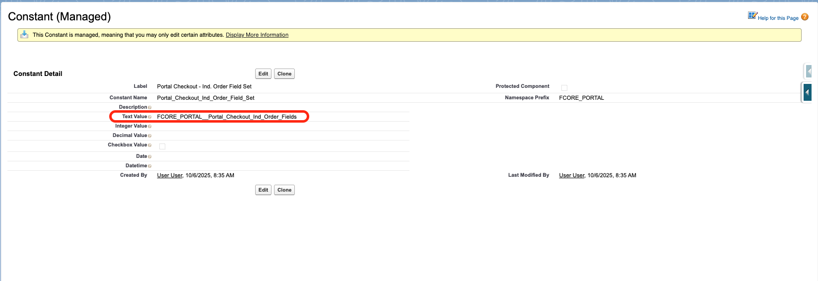 A Portal checkout Constant record with a field set API name entered