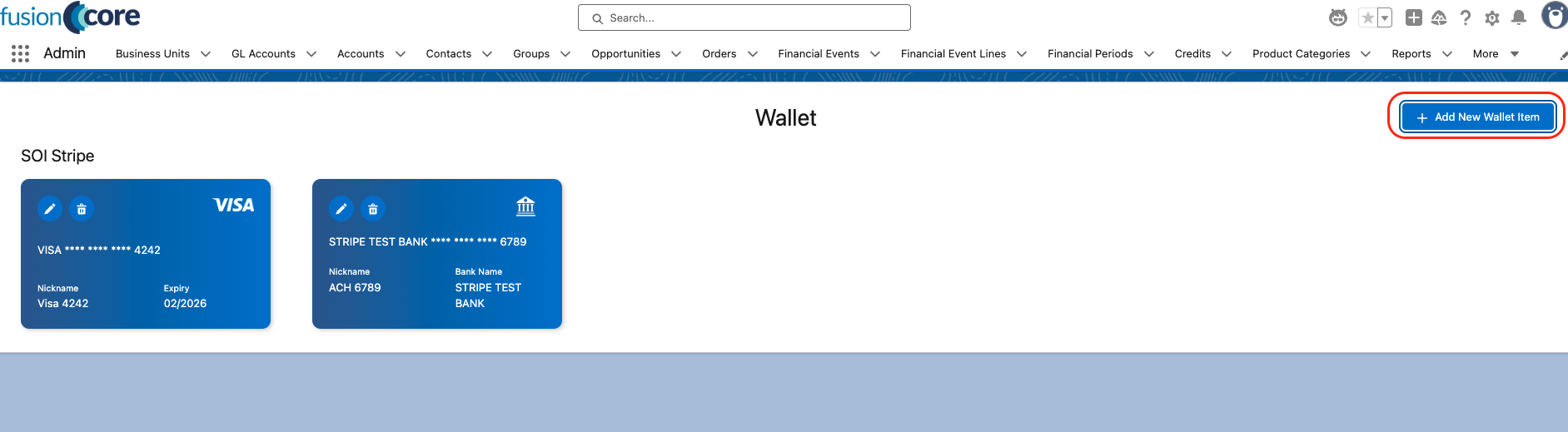 The wallet view with the Add New Wallet Item button