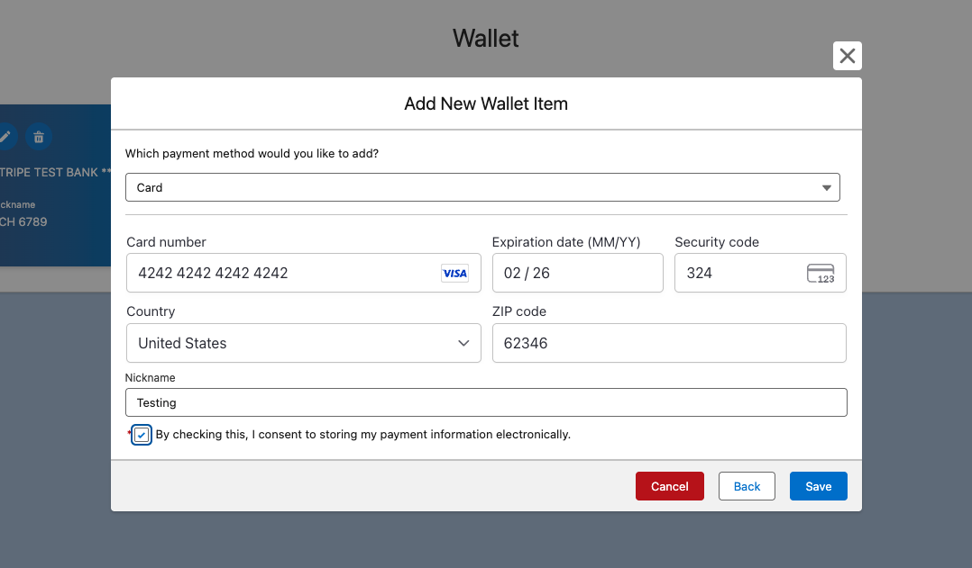 The payment method detail form with the save checkbox selected