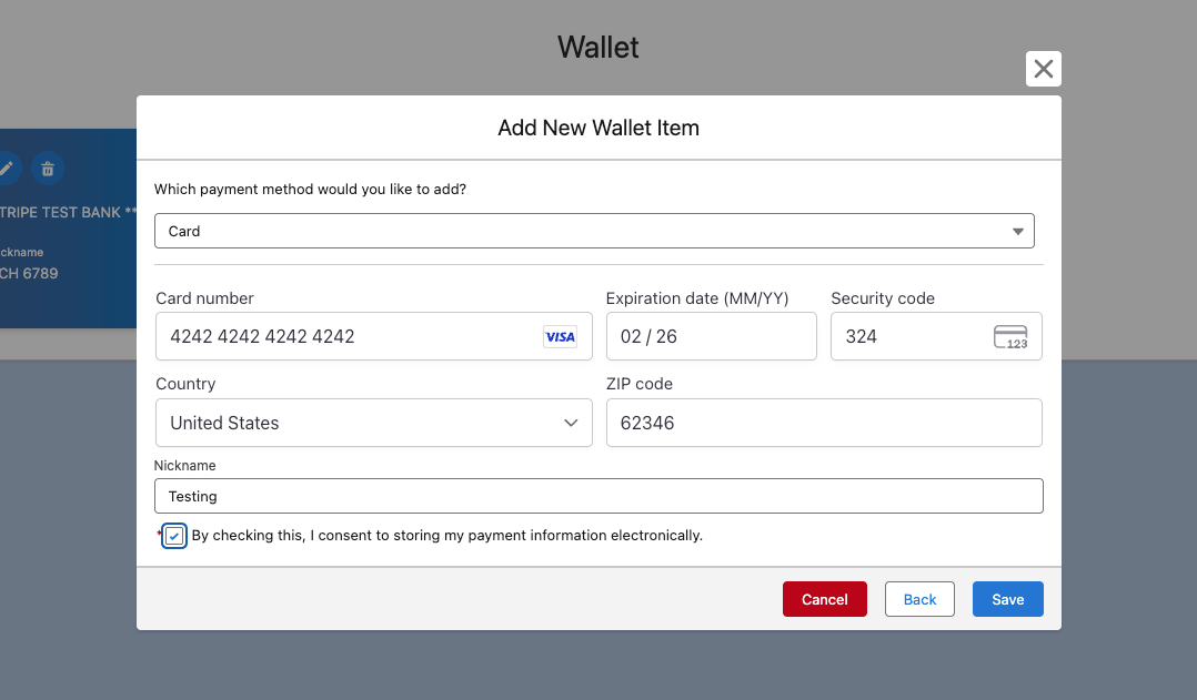 The payment method detail form with the save checkbox selected