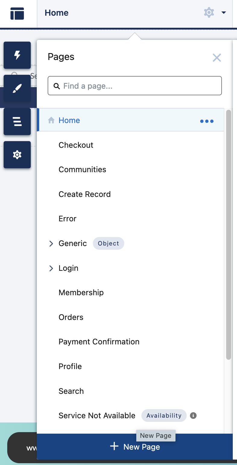 The New Page option in Experience Builder settings