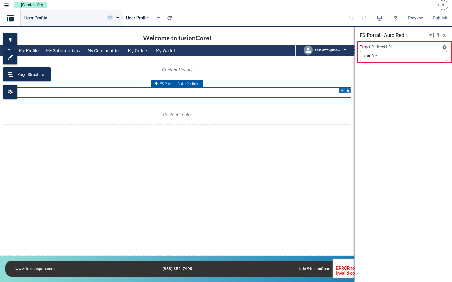 The FS Portal - Auto Redirect component selected in Experience Builder, with the Target Redirect URL property set to /profile in the right-hand property panel