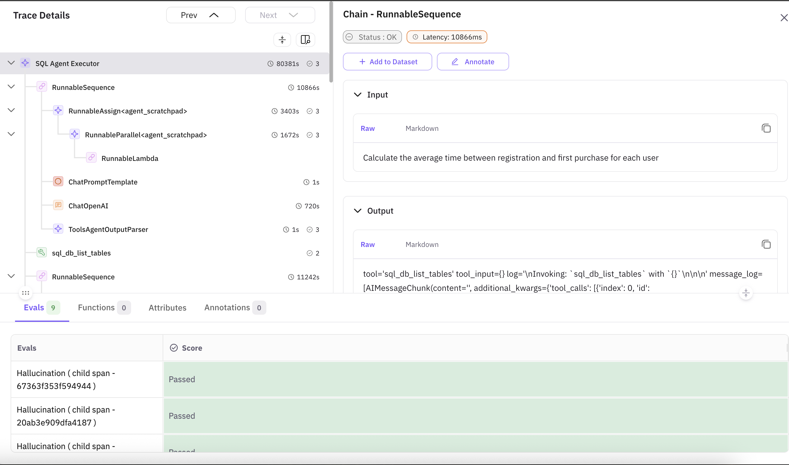 Trace detail view of observability of Text-To-SQL Agent in Future AGI's dashboard