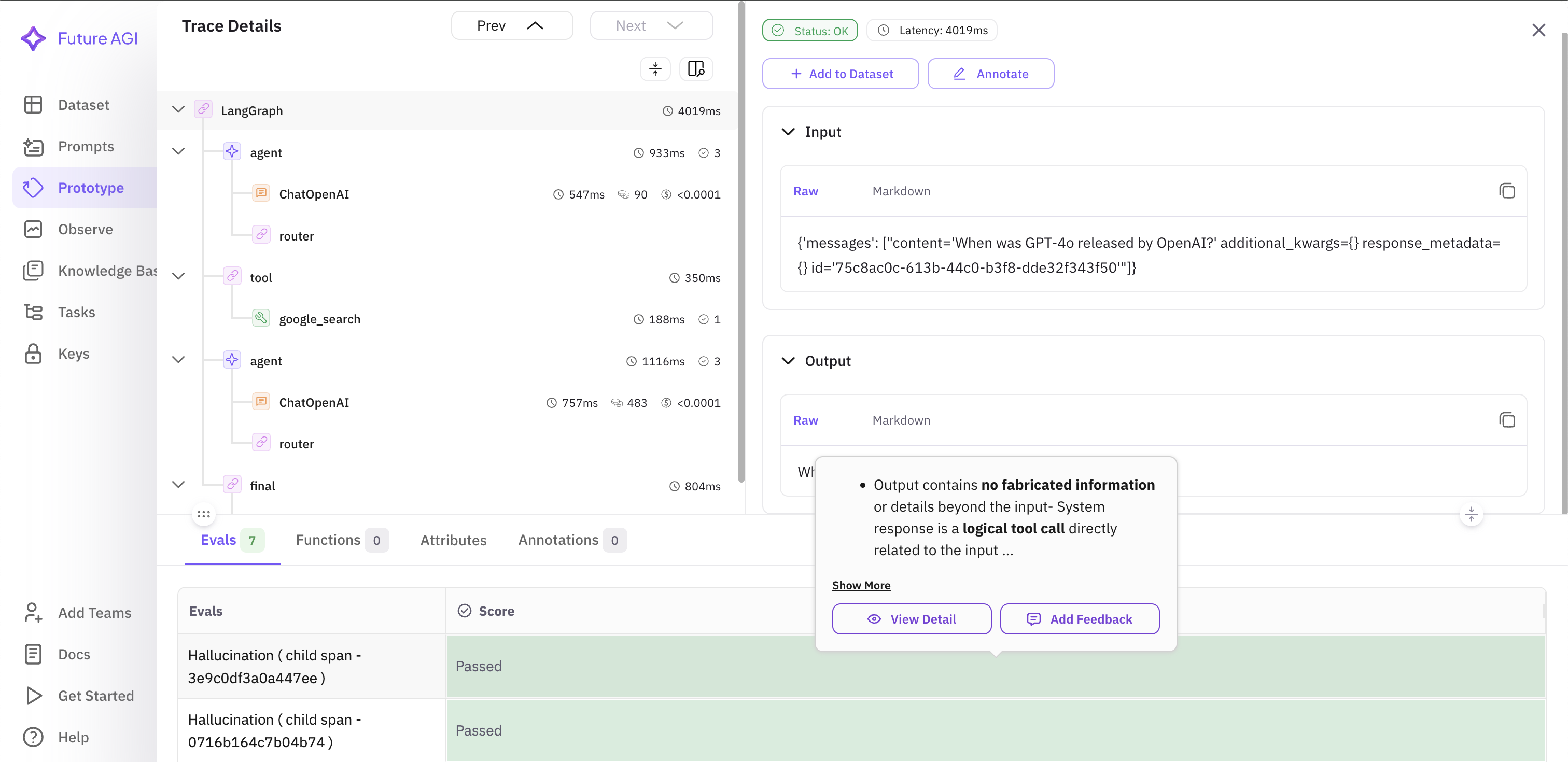 Fig 2: Future AGI dashboard for visualising traces and evals