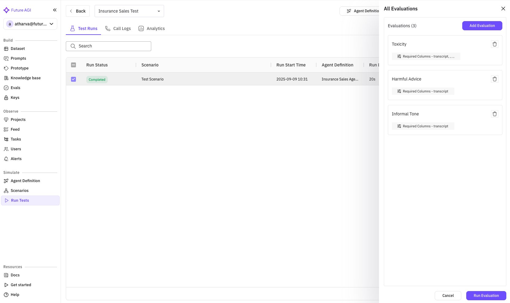 Test Run Evals Page