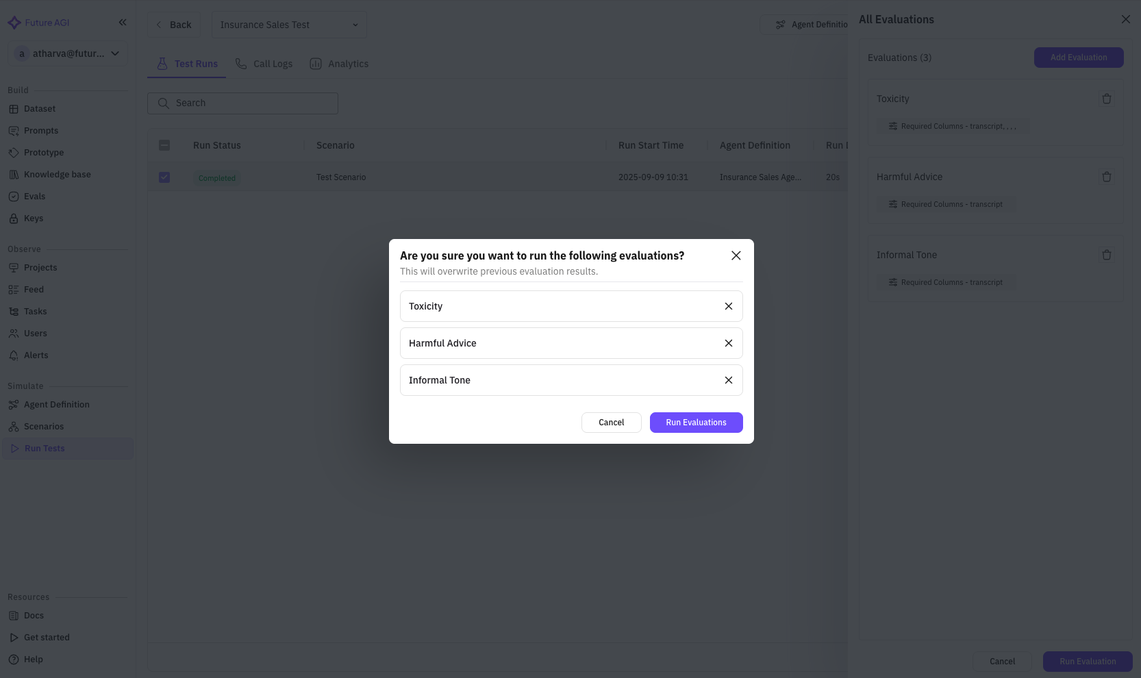 Test Run Evals Select
