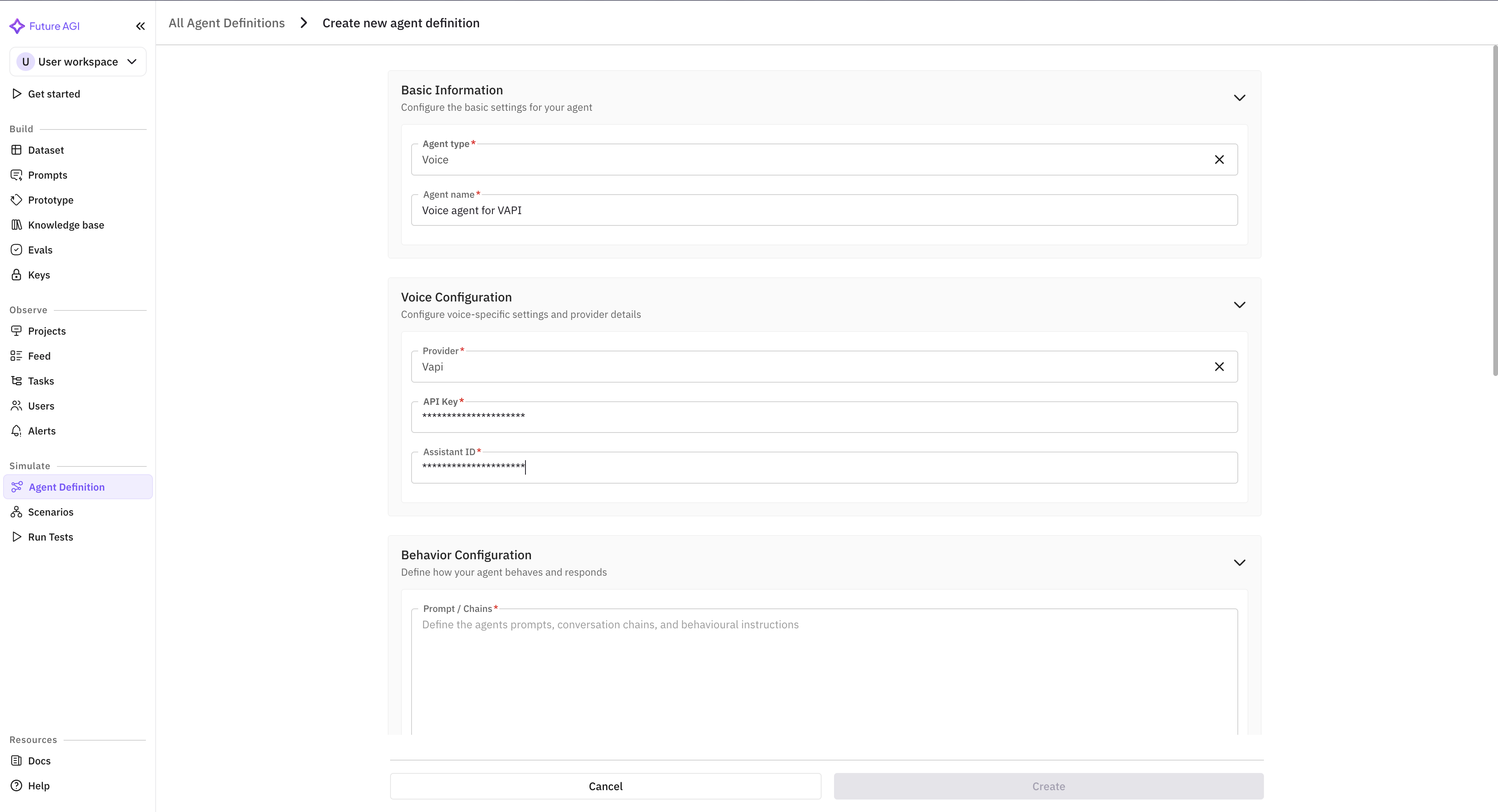 Create agent definition form