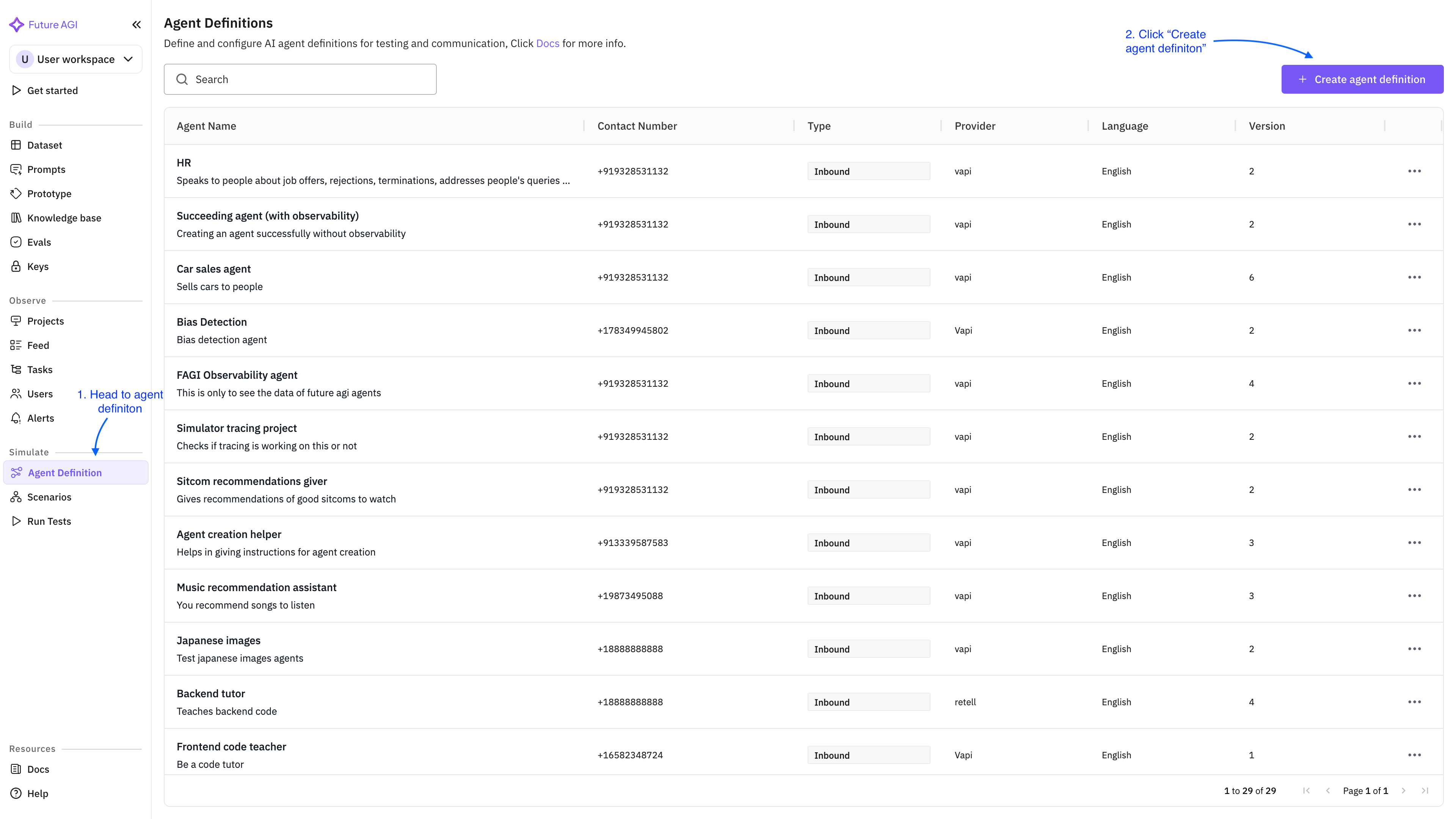 Agent definition list