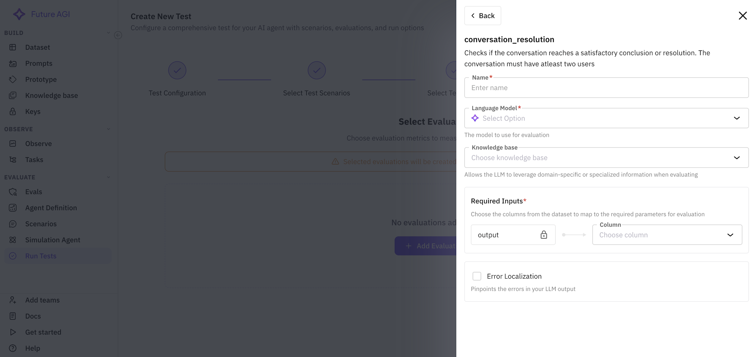 Select Test Agent Screen