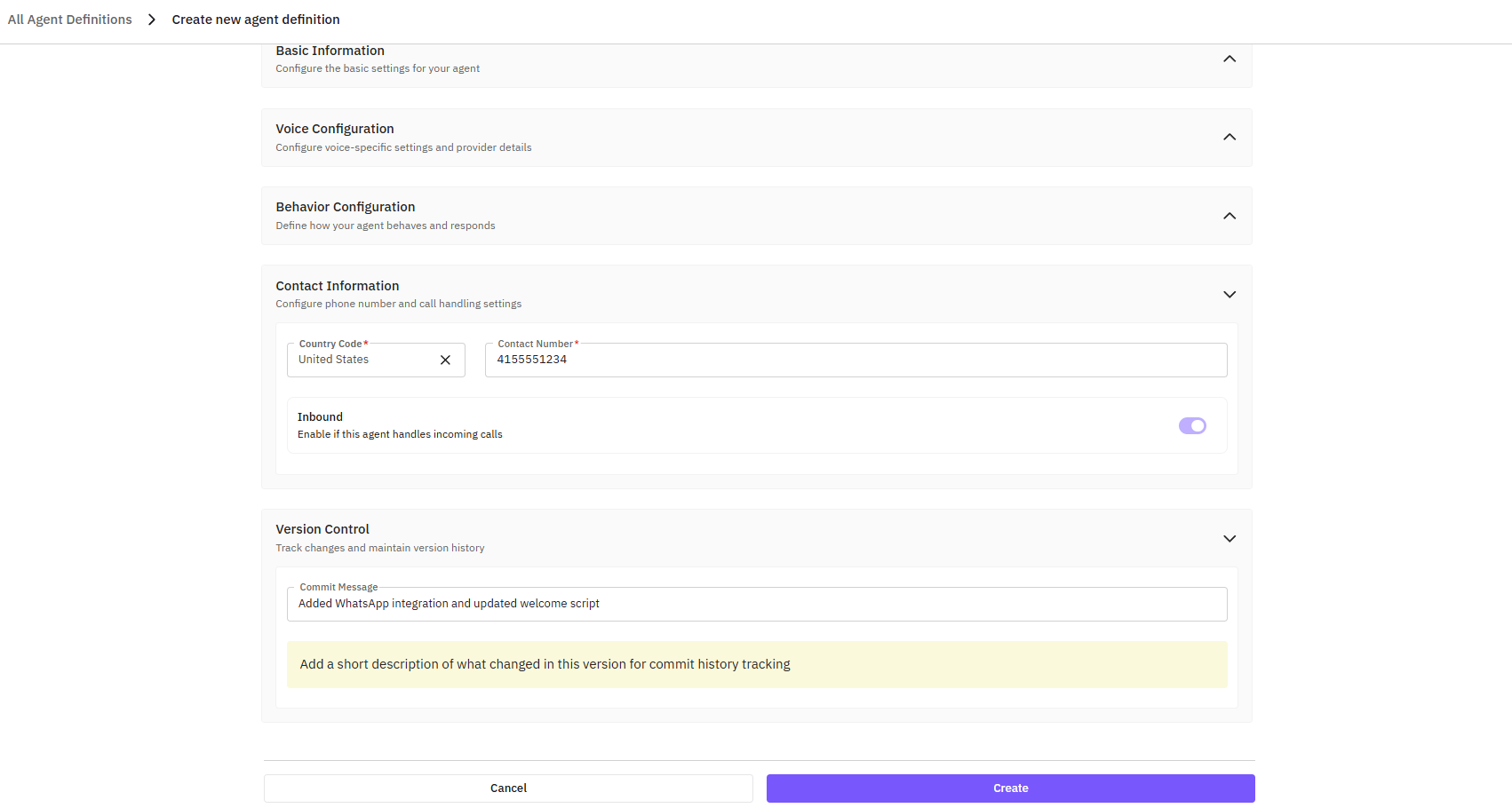 Add Agent Contact Information and commit message