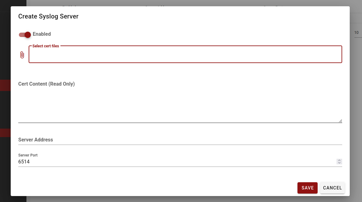 Create Syslog Server dialog